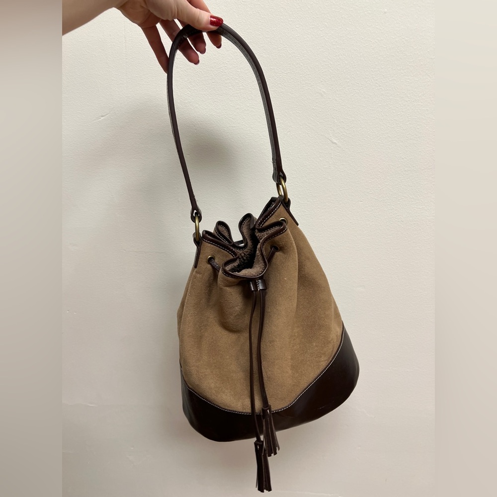 Faux Suede Drawstring Bucket Bag in Brown Lands End